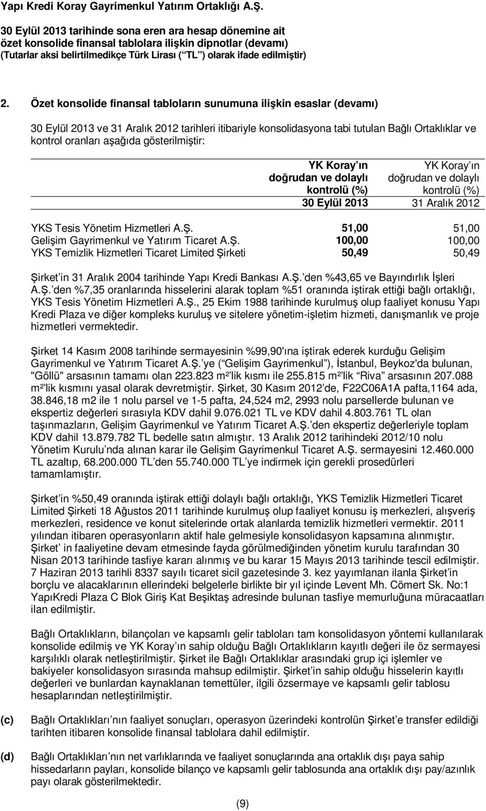 51,00 51,00 Gelişim Gayrimenkul ve Yatırım Ticaret A.Ş. 100,00 100,00 YKS Temizlik Hizmetleri Ticaret Limited Şirketi 50,49 50,49 Şirket in 31 Aralık 2004 tarihinde Yapı Kredi Bankası A.Ş. den %43,65 ve Bayındırlık İşleri A.