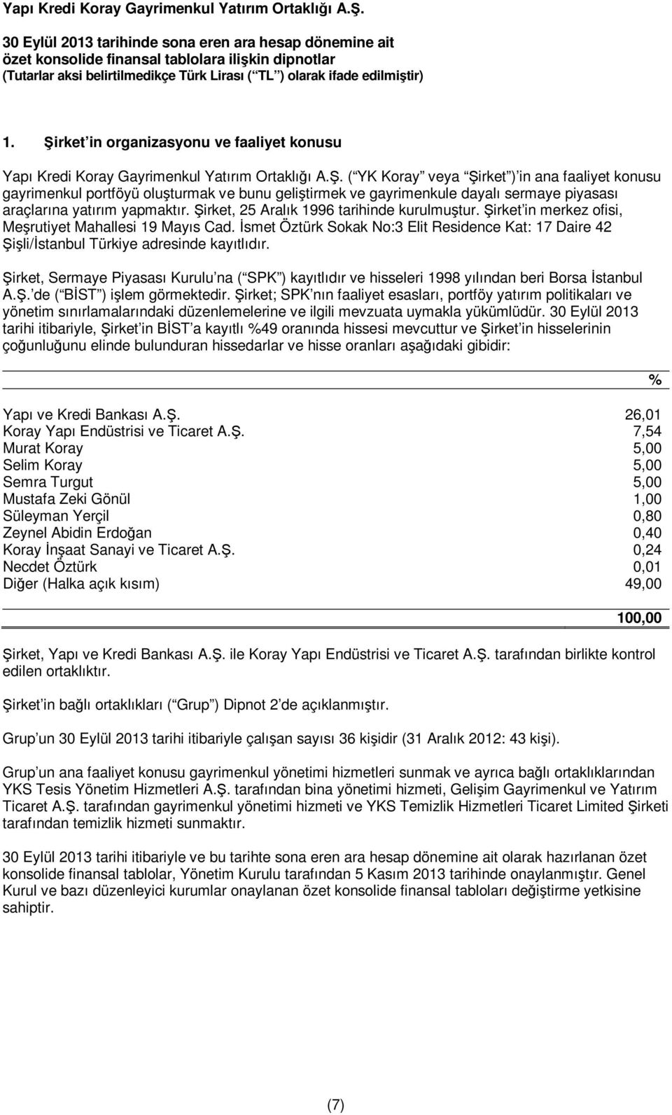 ( YK Koray veya Şirket ) in ana faaliyet konusu gayrimenkul portföyü oluşturmak ve bunu geliştirmek ve gayrimenkule dayalı sermaye piyasası araçlarına yatırım yapmaktır.