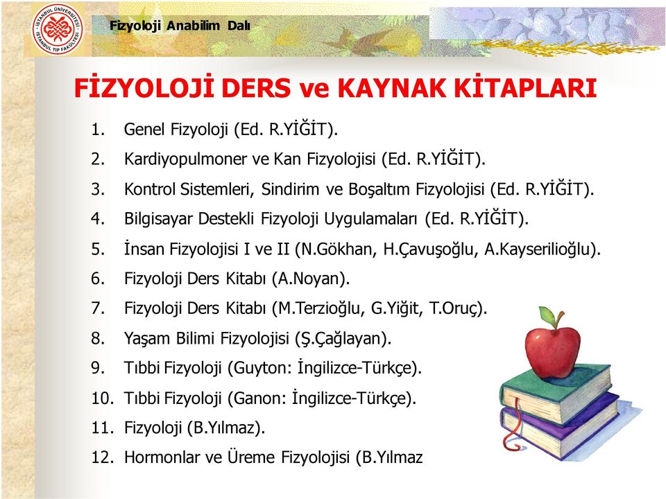 İnsan Fizyolojisi I ve II (N.Gökhan, H.Çavuşoğlu, A.Kayserilioğlu). 6. Fizyoloji Ders Kitabı (A.Noyan). 7. Fizyoloji Ders Kitabı (M.Terzioğlu, G.Yiğit, T.