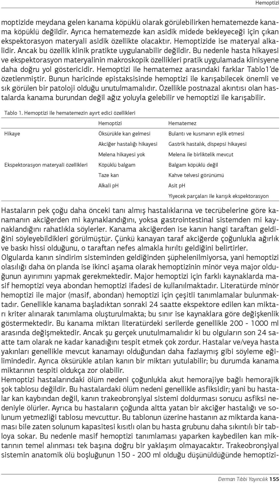 Bu nedenle hasta hikayesi ve ekspektorasyon materyalinin makroskopik özellikleri pratik uygulamada klinisyene daha doğru yol göstericidir. ile hematemez arasındaki farklar Tablo1 de özetlenmiştir.