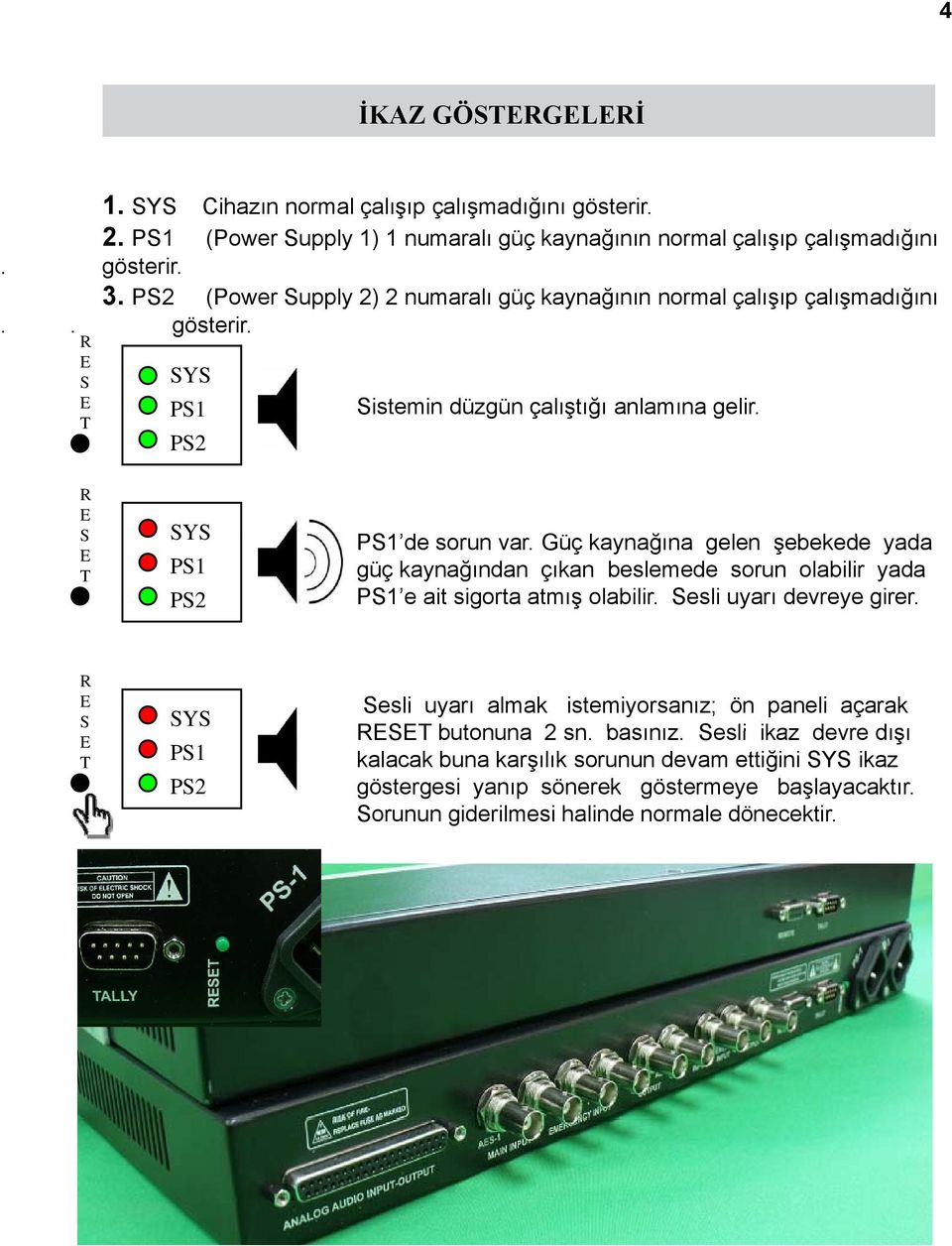 Güç kaynağına ğ gelen şebekede b k d yada güç kaynağından çıkan beslemede sorun olabilir yada PS1 e ait sigorta atmış olabilir. Sesli uyarı devreye girer.