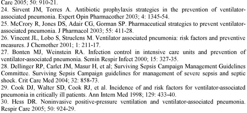 Ventilator associated pneumonia: risk factors and preventive measures. J Chemother 2001; 1: 211-17. 27. Bonten MJ, Weinstein RA.