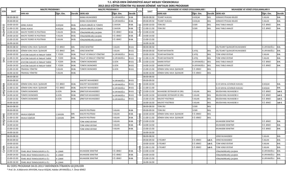 AVRUPA BİRLİĞİ VE TÜRKİYE C.SAVGIN D-14. 10:00-10:50 TÜRK DİLİ İ.ESER D-3. MALİ TABLO ANALİZİ F.Ö. BİNİCİ D-4. 11:00-11:50 GENEL HUKUK H.KOÇAK D-13. AVRUPA BİRLİĞİ VE TÜRKİYE C.SAVGIN D-14. 11:00-11:50 TÜRK DİLİ İ.