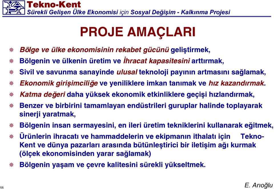 Katma değeri daha yüksek ekonomik etkinliklere geçişi hızlandırmak, Benzer ve birbirini tamamlayan endüstrileri guruplar halinde toplayarak sinerji yaratmak, Bölgenin insan sermayesini,