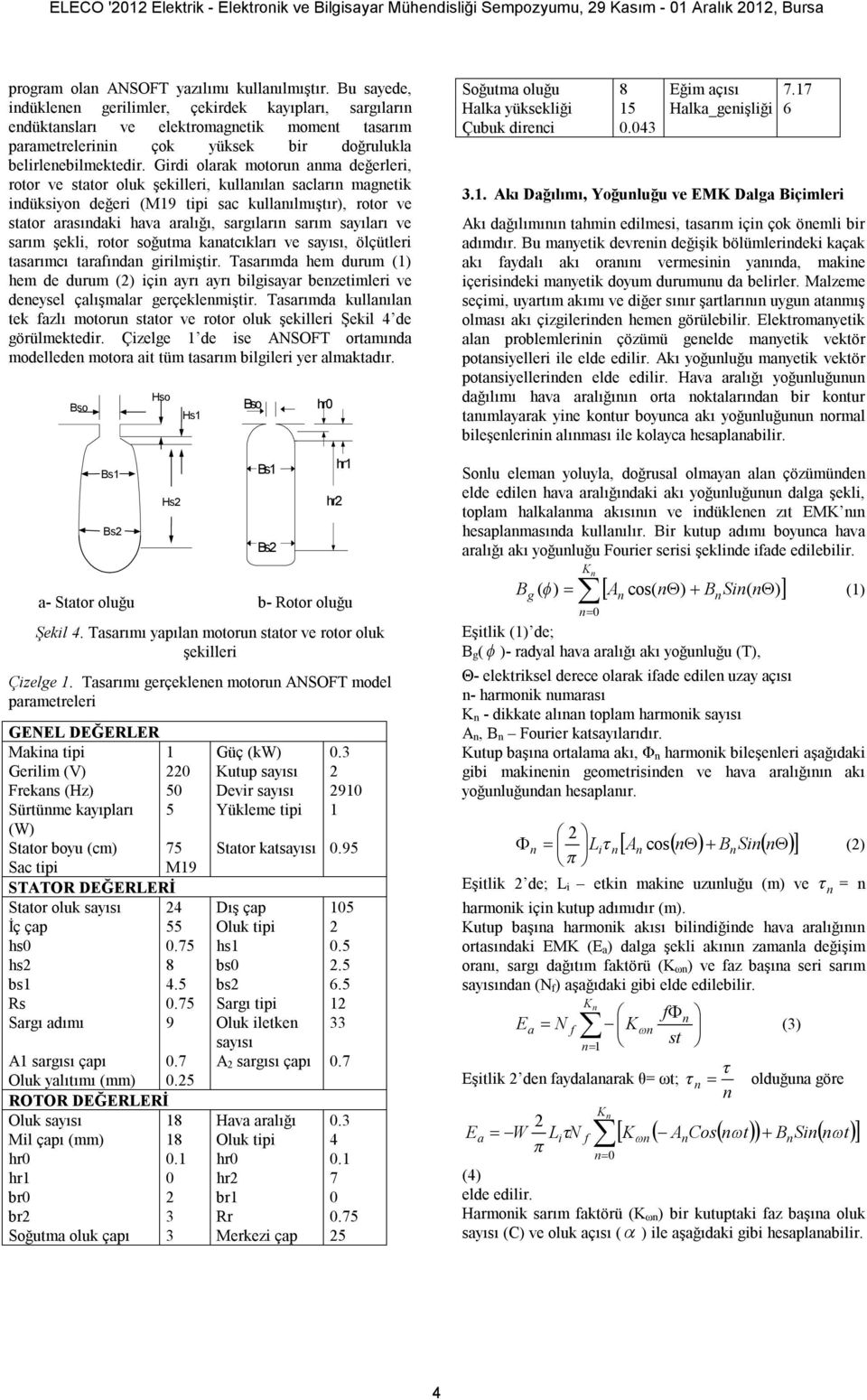 Girdi olarak motorun anma değerleri, rotor ve stator oluk şekilleri, kullanılan sacların magnetik indüksiyon değeri (M19 tipi sac kullanılmıştır), rotor ve stator arasındaki hava aralığı, sargıların