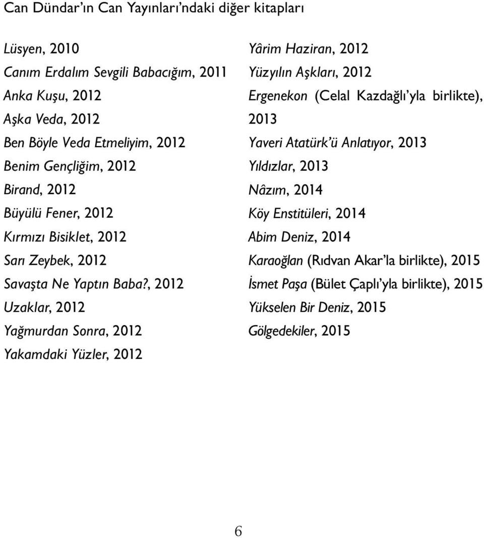 , 2012 Uzaklar, 2012 Yağmurdan Sonra, 2012 Yakamdaki Yüzler, 2012 Yârim Haziran, 2012 Yüzyılın Aşkları, 2012 Ergenekon (Celal Kazdağlı yla birlikte), 2013 Yaveri