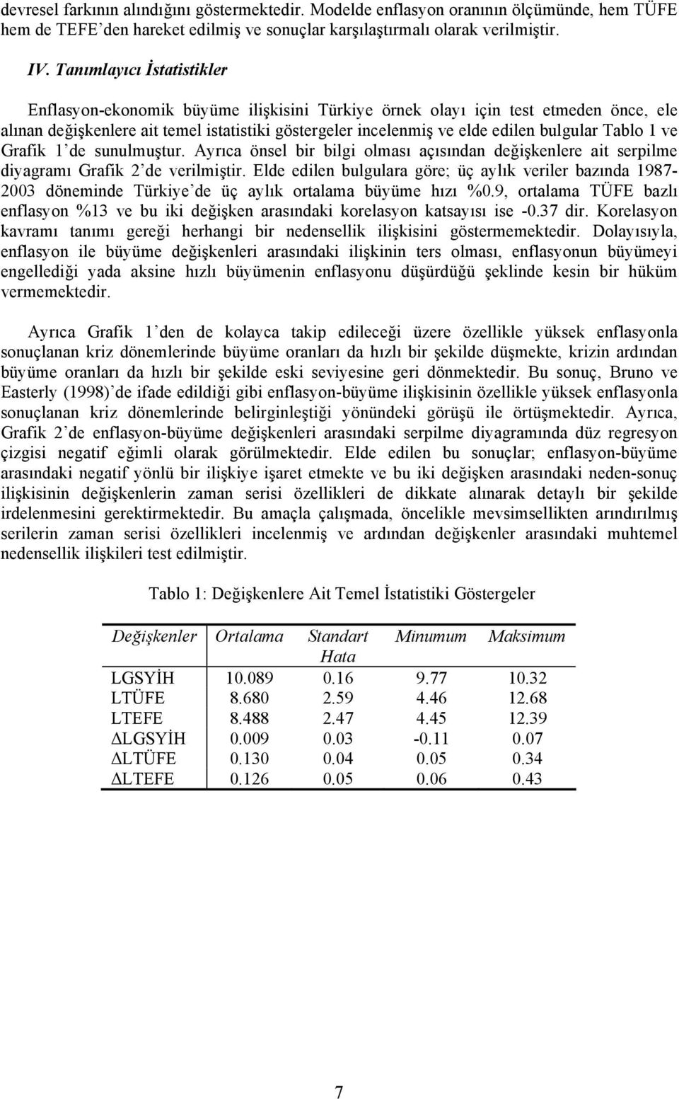 Tablo ve Grafik de sunulmuştur. Ayrıca önsel bir bilgi olması açısından değişkenlere ait serpilme diyagramı Grafik 2 de verilmiştir.