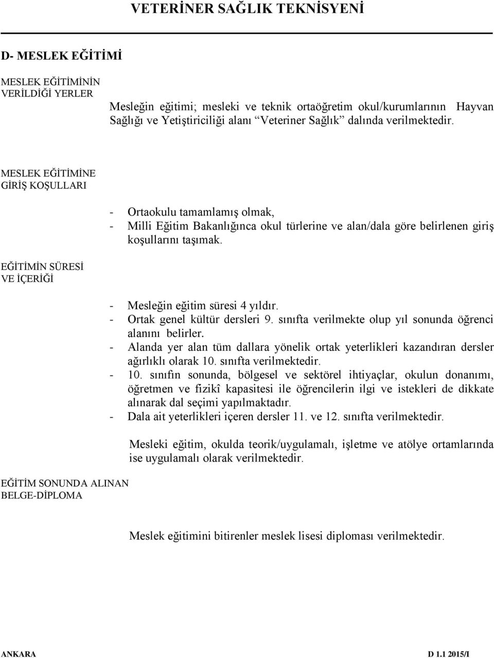 EĞİTİMİN SÜRESİ VE İÇERİĞİ EĞİTİM SONUNDA ALINAN BELGE-DİPLOMA - Mesleğin eğitim süresi 4 yıldır. - Ortak genel kültür dersleri 9. sınıfta verilmekte olup yıl sonunda öğrenci alanını belirler.