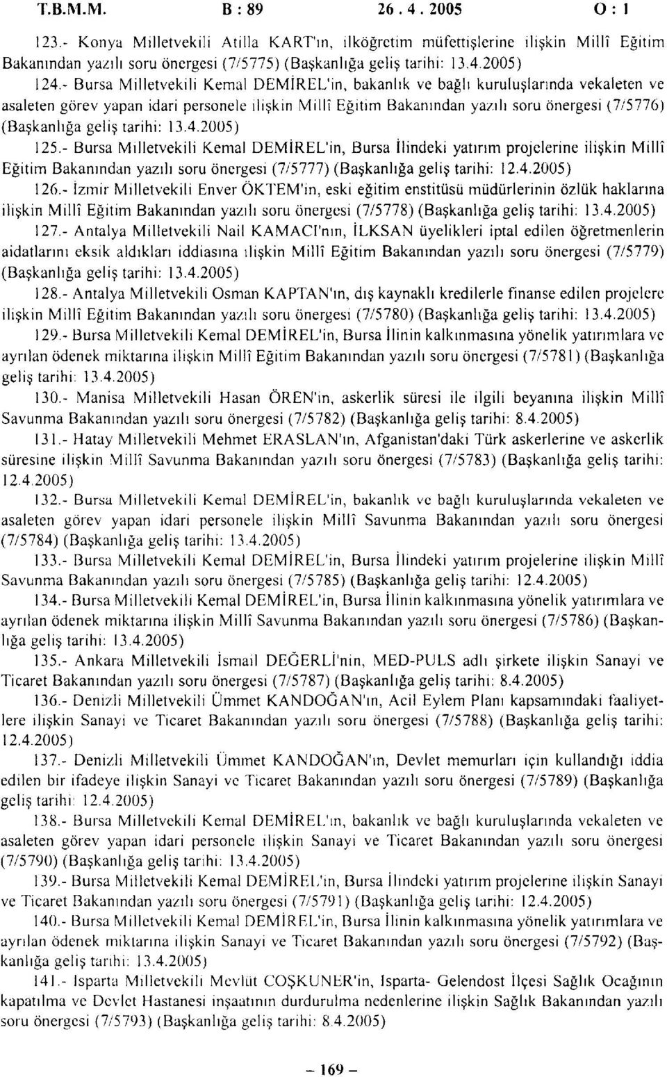 geliş tarihi: 13.4.2005) 125.- Bursa Milletvekili Kemal DEMİREL'in, Bursa İlindeki yatırım projelerine ilişkin Millî Eğitim Bakanından yazılı soru önergesi (7/5777) (Başkanlığa geliş tarihi: 12.4.2005) 126.