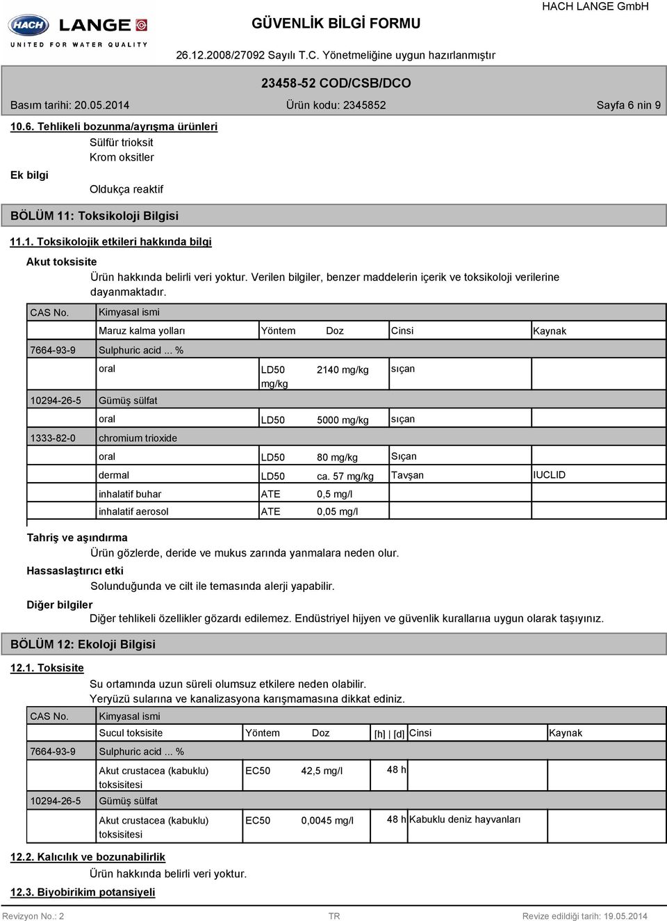 .. % oral 1024-26-5 Gümüş sülfat oral 1333-82-0 chromium trioxide oral dermal Yöntem LD50 mg/kg LD50 LD50 Doz 2140 mg/kg 5000 mg/kg 80 mg/kg inhalatif buhar ATE 0,5 mg/l inhalatif aerosol ATE 0,05