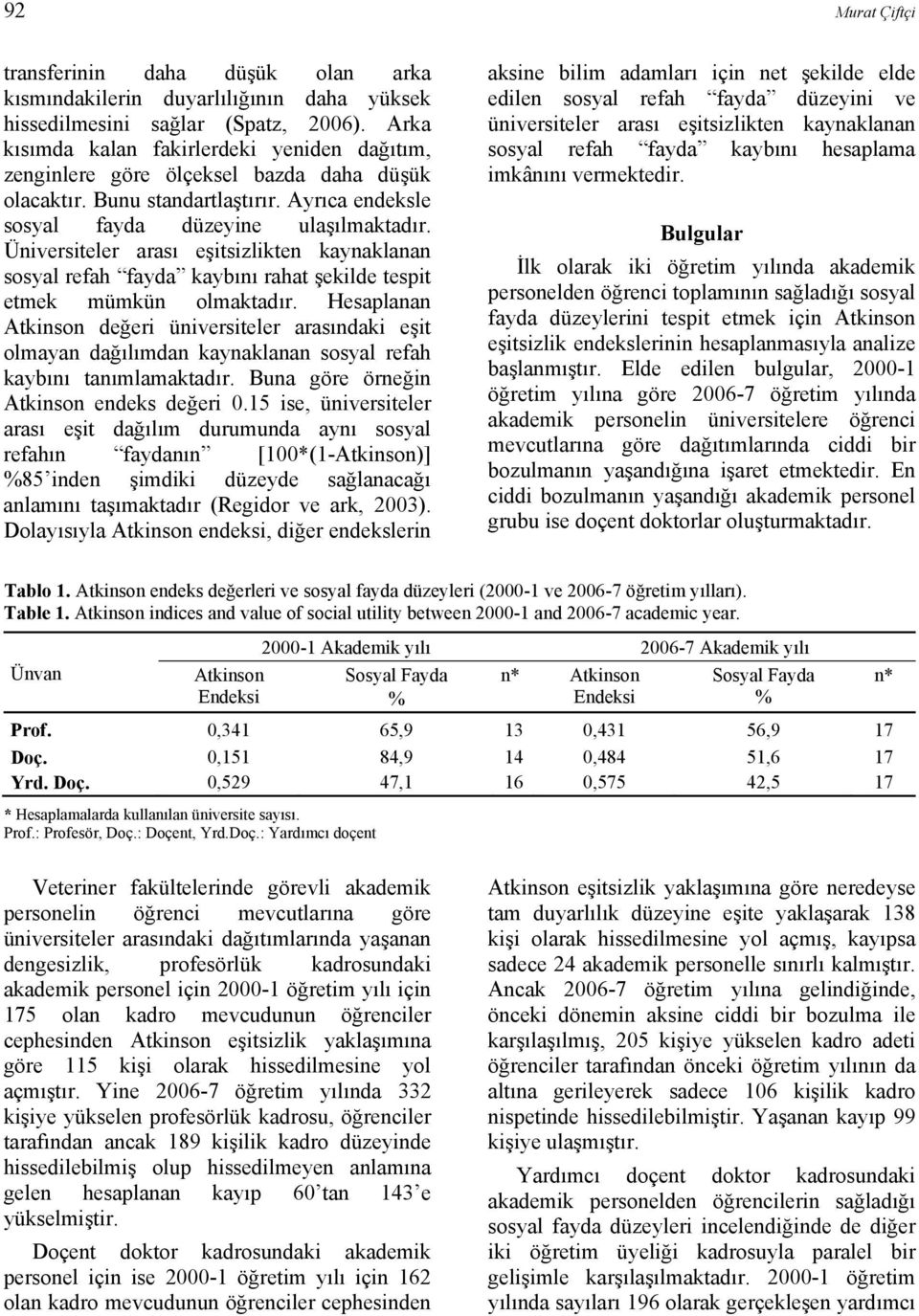 Üniversiteler arası eşitsizlikten kaynaklanan sosyal refah fayda kaybını rahat şekilde tespit etmek mümkün olmaktadır.