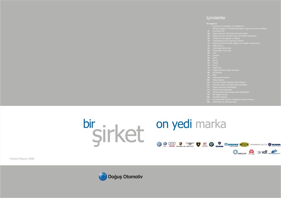 Y l 18 Do ufl Grubu 22 Volkswagen Binek Araç 30 Volkswagen Ticari Araç 38 Audi 44 Porsche 50 SEAT 56 Skoda 62 Scania 70 Krone 76 Do ufl Oto 82 Do ufl Otomotiv Lojistik Hizmetler 86 vdf Holding 94 DOD