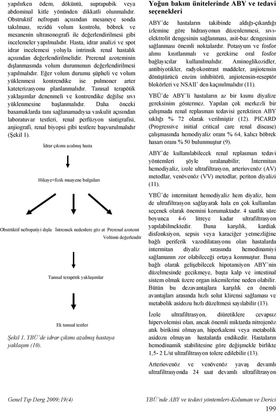 Hasta, idrar analizi ve spot idrar incelemesi yoluyla intrinsik renal hastalık açısından değerlendirilmelidir. Prerenal azoteminin dışlanmasında volum durumunun değerlendirilmesi yapılmalıdır.