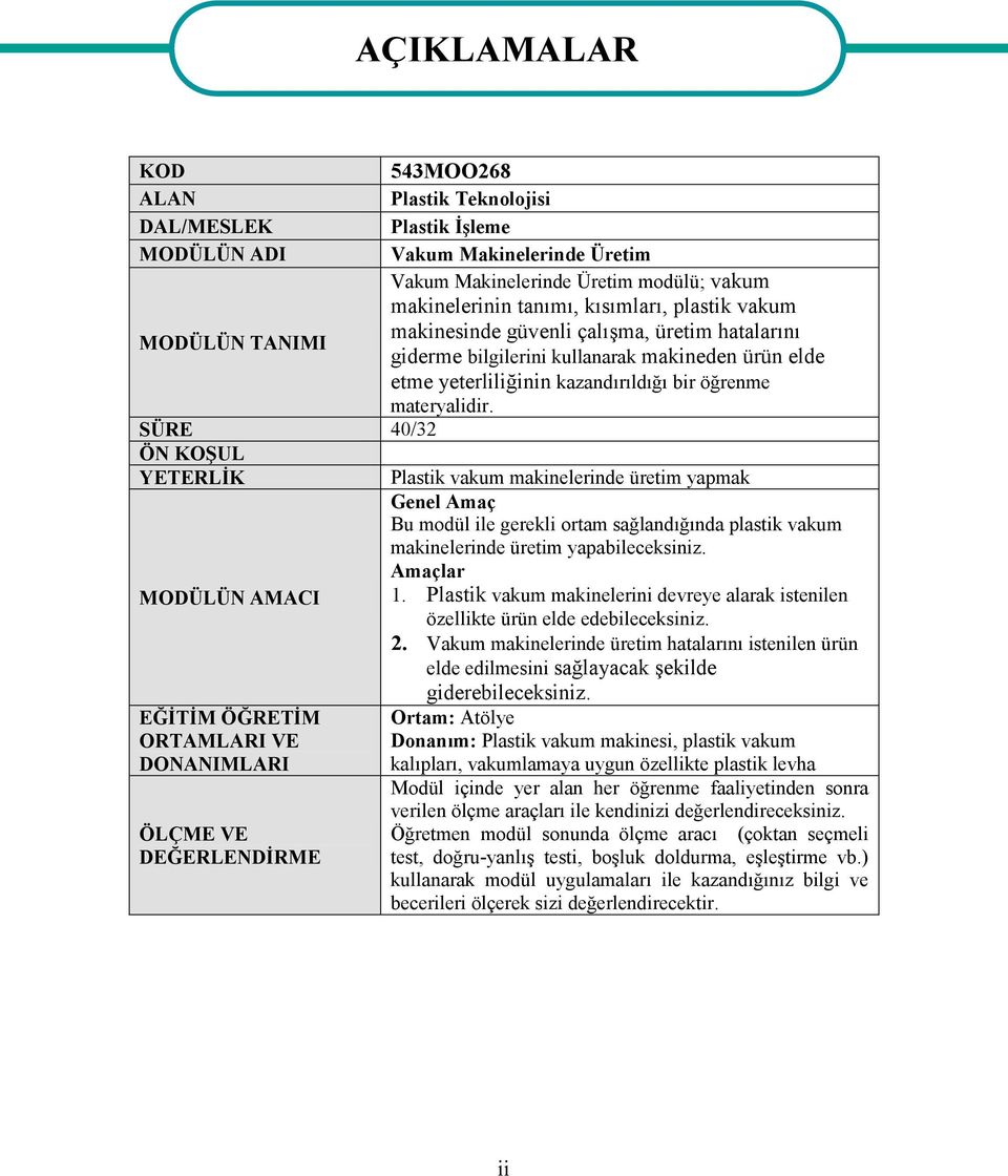 SÜRE 40/32 ÖN KOŞUL YETERLİK Plastik vakum makinelerinde üretim yapmak Genel Amaç Bu modül ile gerekli ortam sağlandığında plastik vakum makinelerinde üretim yapabileceksiniz. Amaçlar MODÜLÜN AMACI 1.