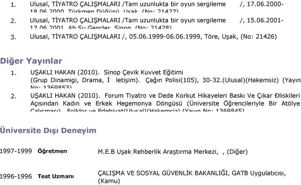 Sinop Çevik Kuvvet Eğitimi (Grup Dinamigi, Drama, İ letişim). Çağın Polisi(105), 30-3(Ulusal)(Hakemsiz) (Yayın No: 1369853) UŞAKLI HAKAN (2010).