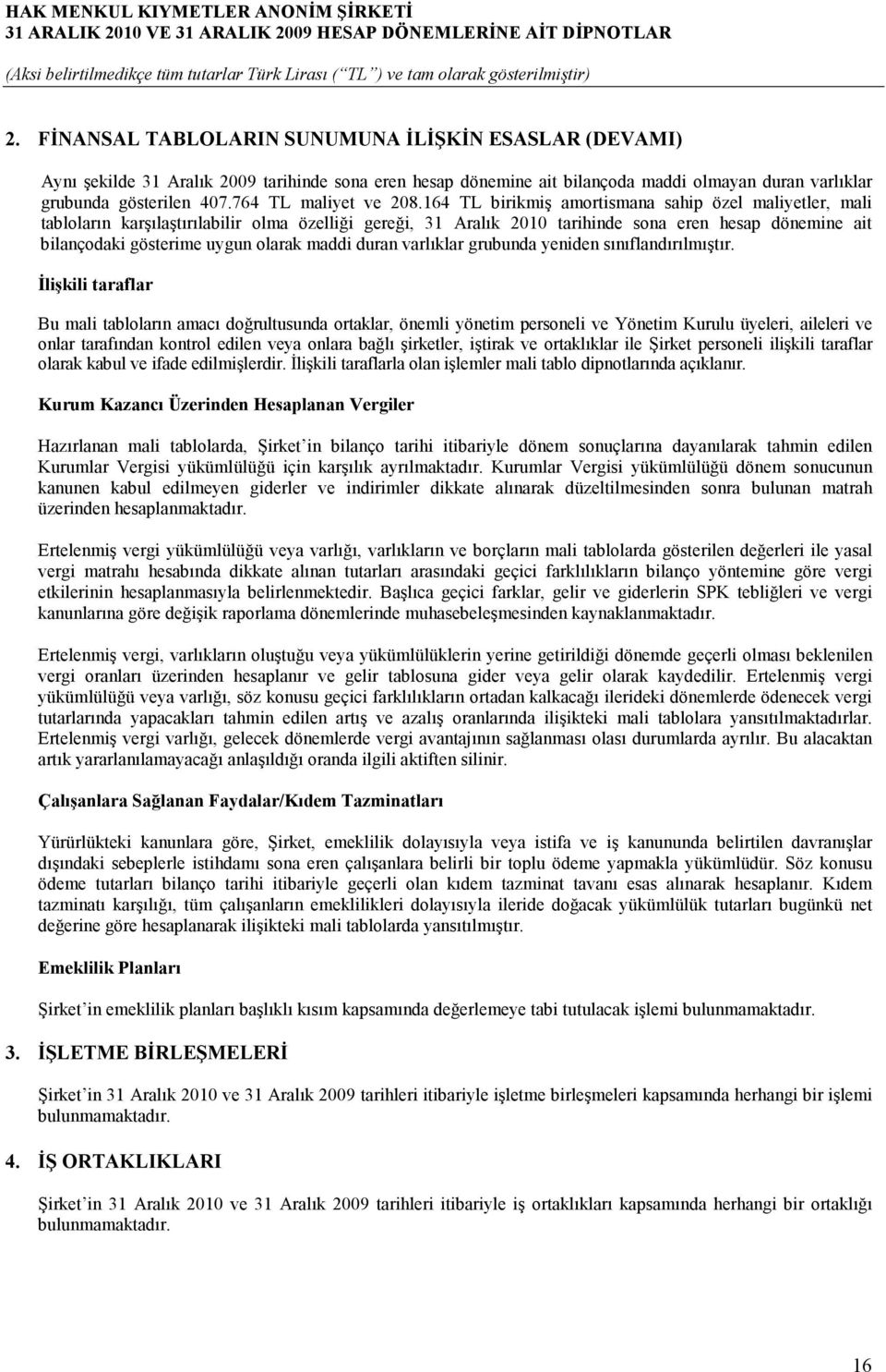 164 TL birikmiş amortismana sahip özel maliyetler, mali tabloların karşılaştırılabilir olma özelliği gereği, 31 Aralık 2010 tarihinde sona eren hesap dönemine ait bilançodaki gösterime uygun olarak