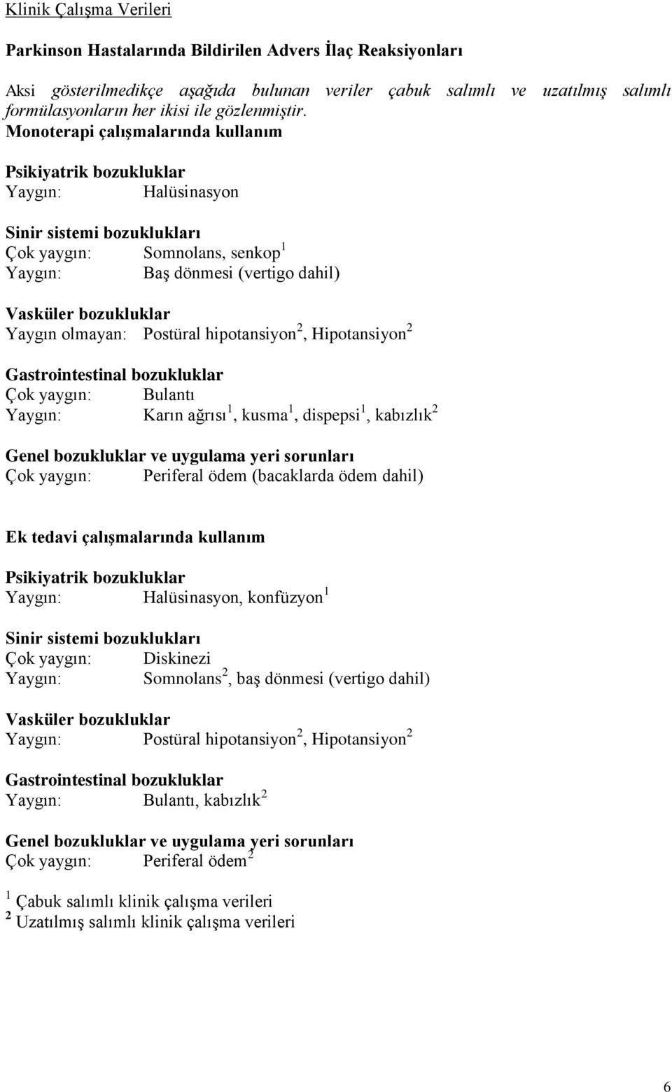 Monoterapi çalışmalarında kullanım Psikiyatrik bozukluklar Yaygın: Halüsinasyon Sinir sistemi bozuklukları Çok yaygın: Somnolans, senkop 1 Yaygın: Baş dönmesi (vertigo dahil) Vasküler bozukluklar