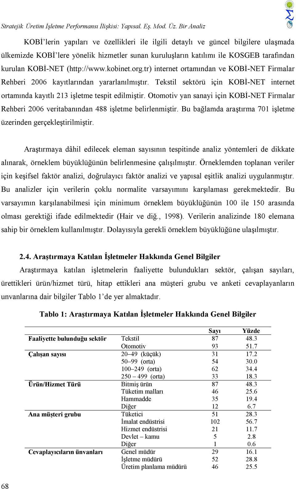 (http://www.kobinet.org.tr) internet ortamından ve KOBİ-NET Firmalar Rehberi 2006 kayıtlarından yararlanılmıştır.