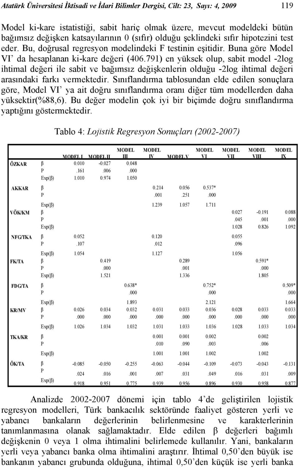 791) en yüksek olup, sabit model -2log ihtimal değeri ile sabit ve bağımsız değişkenlerin olduğu -2log ihtimal değeri arasındaki farkı vermektedir.