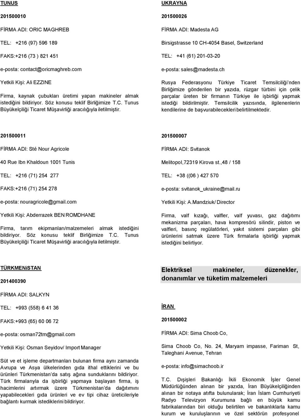 Tunus Büyükelçiliği Ticaret Müşavirliği aracılığıyla iletilmiştir. UKRAYNA 201500026 FİRMA ADI: Madesta AG Birsigstrasse 10 CH-4054 Basel, Switzerland TEL: +41 (61) 201-03-20 e-posta: sales@madesta.