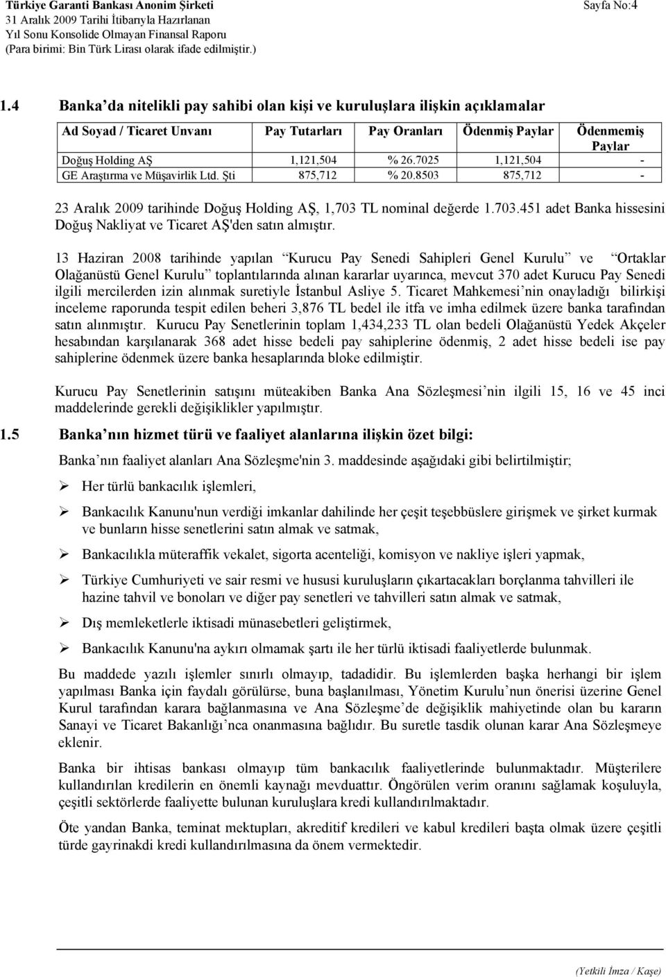 7025 1,121,504 - GE Araştırma ve Müşavirlik Ltd. Şti 875,712 % 20.8503 875,712-23 Aralık 2009 tarihinde Doğuş Holding AŞ, 1,703 