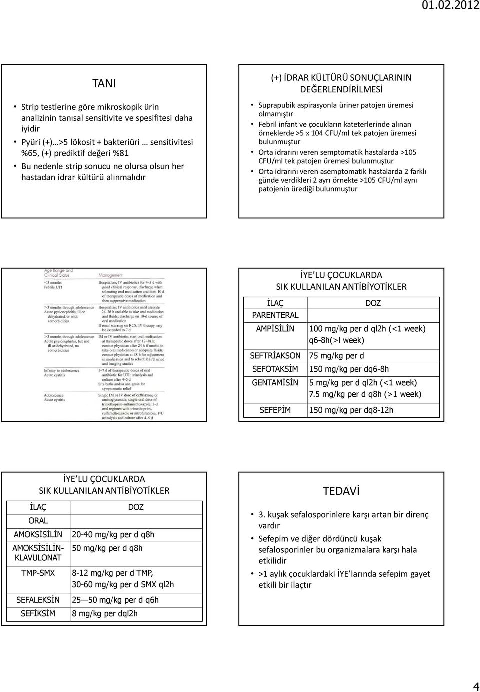 kateterlerinde alınan örneklerde >5 x 104 CFU/ml tek patojen üremesi bulunmuştur Orta idrarını veren semptomatik hastalarda >105 CFU/ml tek patojen üremesi bulunmuştur Orta idrarını veren