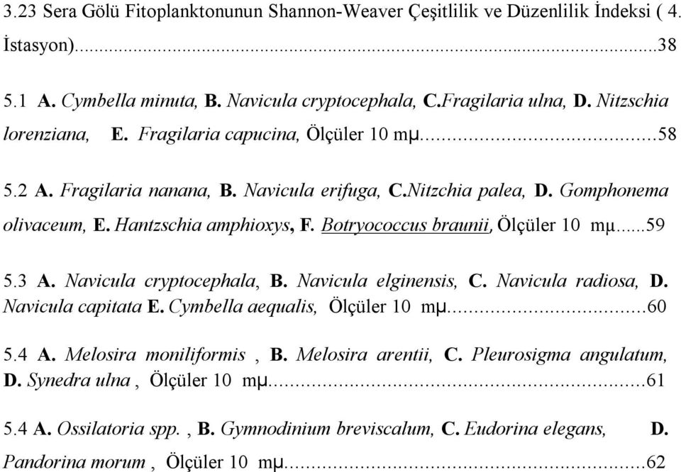 Botryococcus braunii, Ölçüler 10 mµ...59 5.3 A. Navicula cryptocephala, B. Navicula elginensis, C. Navicula radiosa, D. Navicula capitata E. Cymbella aequalis, Ölçüler 10 mµ...60 5.4 A.