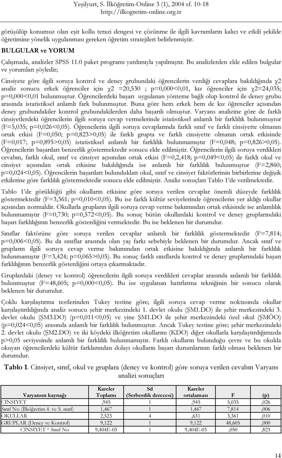 Bu analizlerden elde edilen bulgular ve yorumları şöyledir; Cinsiyete göre ilgili soruya kontrol ve deney grubundaki öğrencilerin verdiği cevaplara bakıldığında χ2 analiz sonucu erkek öğrenciler için