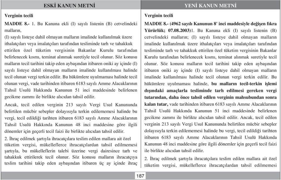 ettirilen özel tüketim vergisinin Bakanlar Kurulu taraf ndan belirlenecek k sm, teminat al nmak suretiyle tecil olunur.