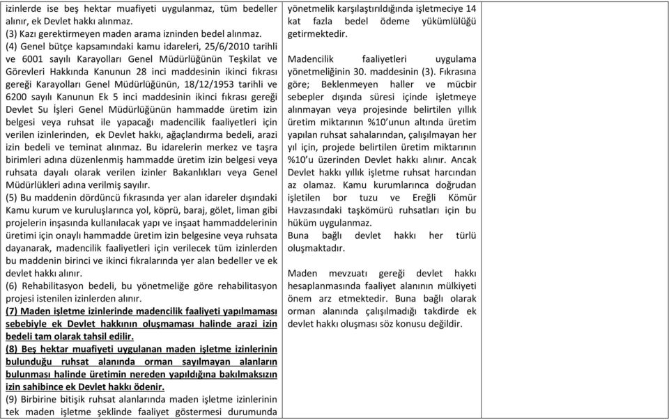 Karayolları Genel Müdürlüğünün, 18/12/1953 tarihli ve 6200 sayılı Kanunun Ek 5 inci maddesinin ikinci fıkrası gereği Devlet Su İşleri Genel Müdürlüğünün hammadde üretim izin belgesi veya ruhsat ile