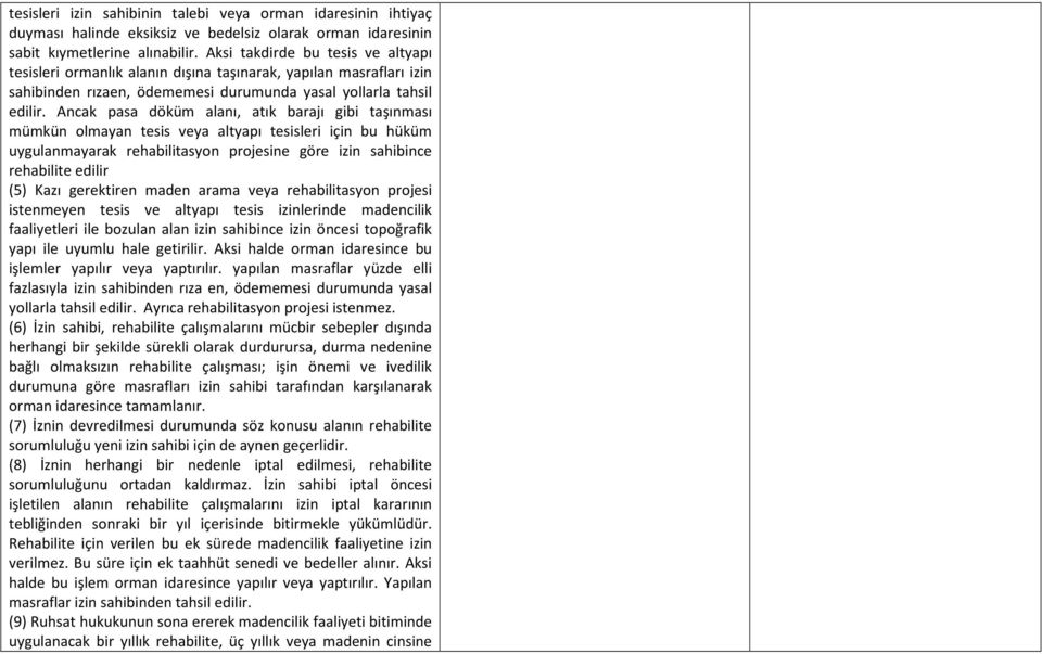 Ancak pasa döküm alanı, atık barajı gibi taşınması mümkün olmayan tesis veya altyapı tesisleri için bu hüküm uygulanmayarak rehabilitasyon projesine göre izin sahibince rehabilite edilir (5) Kazı