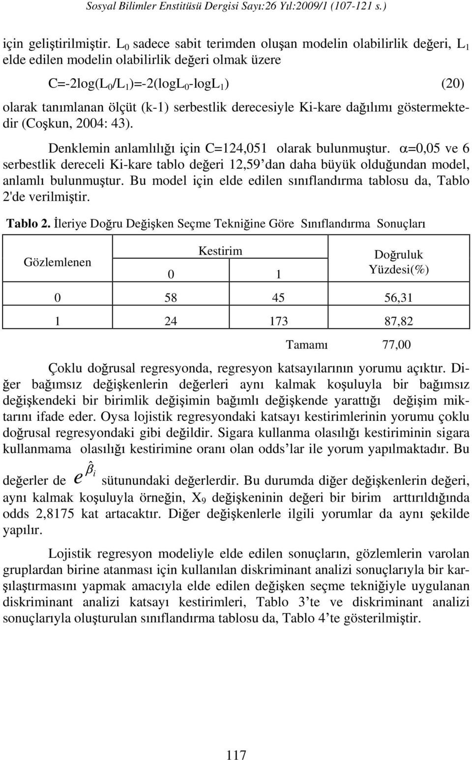 serbestlk derecesyle K-kare da dr (Co kun, 2004: 43). Denklemn anlaml l çn C=124,051 olarak bulunmu tur.