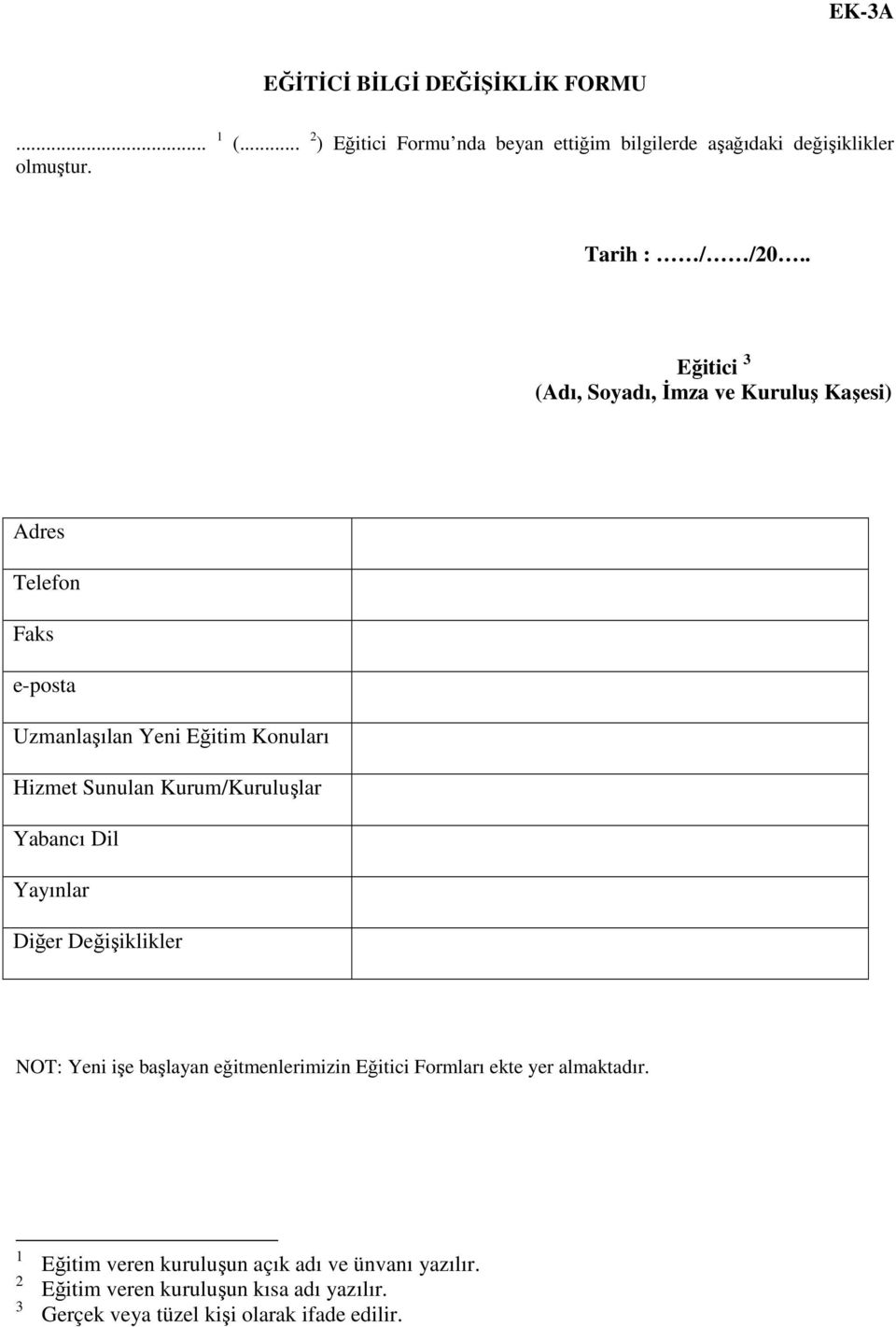 . Eğitici 3 (Adı, Soyadı, Đmza ve Kuruluş Kaşesi) Adres Telefon Faks e-posta Uzmanlaşılan Yeni Eğitim Konuları Hizmet Sunulan