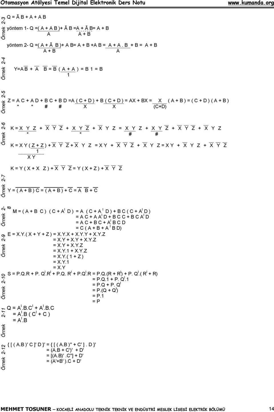 Örnek 26 K = X Y Z + X Y Z + X Y Z + X Y Z = X Y Z + X Y Z + X Y Z + X Y Z * * # # K = X Y ( Z + Z ) + X Y Z + X Y Z = X Y + X Y Z + X Y Z = X Y + X Y Z + X Y Z 1 X Y K = Y ( X + X Z ) + X Y Z = Y (