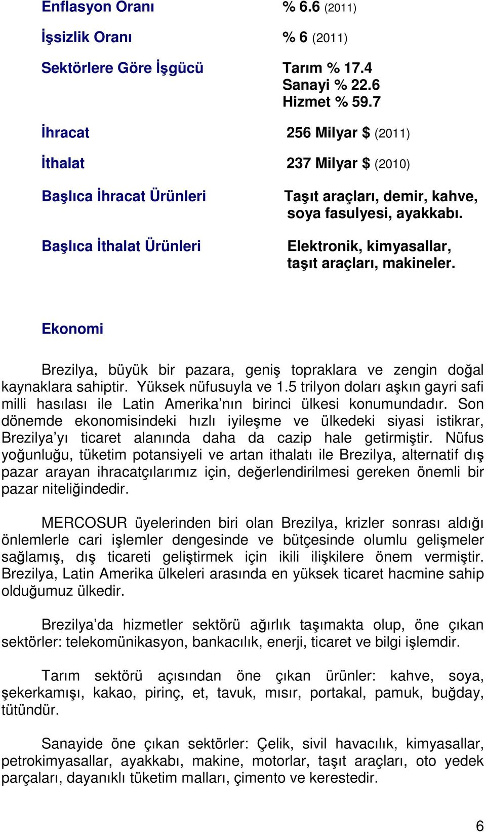 Elektronik, kimyasallar, taşıt araçları, makineler. Ekonomi Brezilya, büyük bir pazara, geniş topraklara ve zengin doğal kaynaklara sahiptir. Yüksek nüfusuyla ve 1.