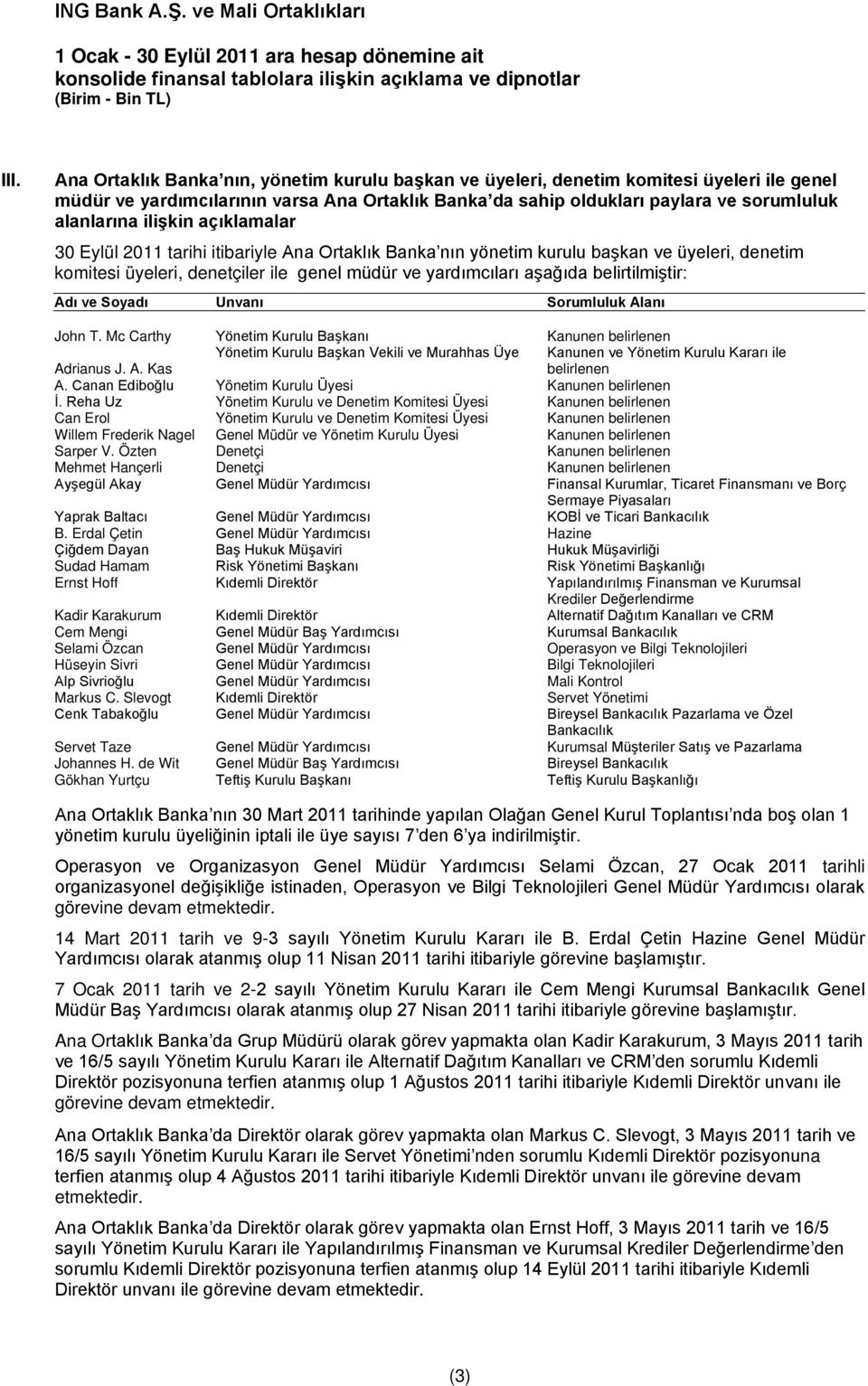 ilişkin açıklamalar 30 Eylül 2011 tarihi itibariyle Ana Ortaklık Banka nın yönetim kurulu başkan ve üyeleri, denetim komitesi üyeleri, denetçiler ile genel müdür ve yardımcıları aşağıda