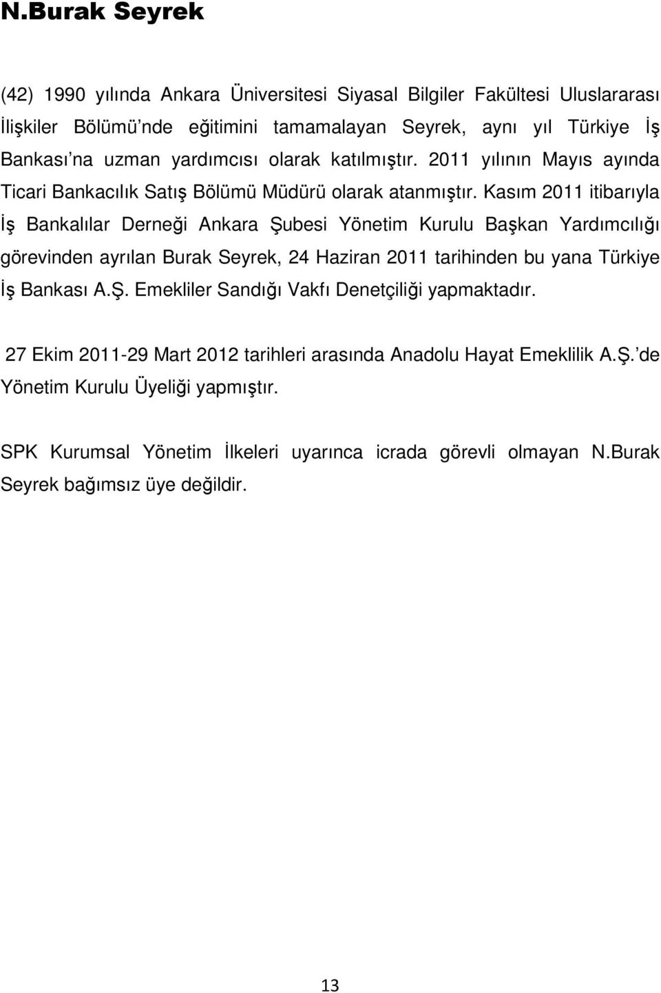 Kasım 2011 itibarıyla İş Bankalılar Derneği Ankara Şubesi Yönetim Kurulu Başkan Yardımcılığı görevinden ayrılan Burak Seyrek, 24 Haziran 2011 tarihinden bu yana Türkiye İş Bankası A.Ş. Emekliler Sandığı Vakfı Denetçiliği yapmaktadır.