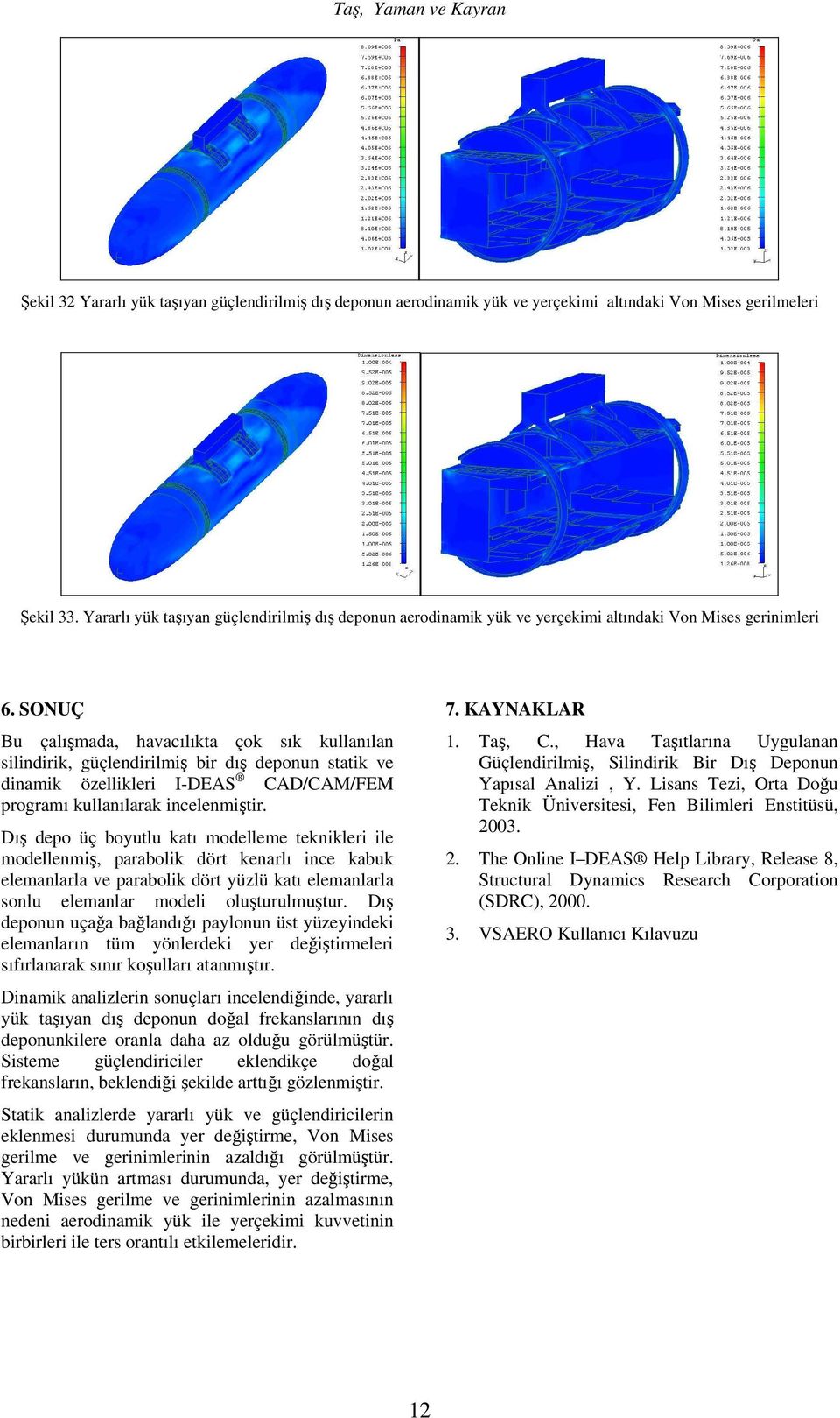 SONUÇ Bu çalışmada, havacılıkta çok sık kullanılan silindirik, güçlendirilmiş bir dış deponun statik ve dinamik özellikleri I-DEAS CAD/CAM/FEM programı kullanılarak incelenmiştir.