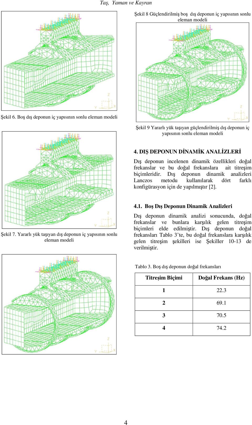 DIŞ DEPONUN DİNAMİK ANALİZLERİ Dış deponun incelenen dinamik özellikleri doğal frekanslar ve bu doğal frekanslara ait titreşim biçimleridir.