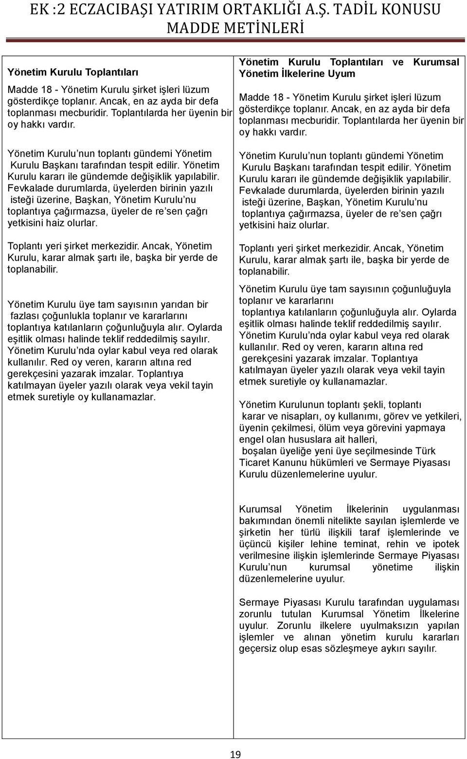 Yönetim Kurulu Toplantıları ve Kurumsal Yönetim Ġlkelerine Uyum Madde 18 - Yönetim Kurulu şirket işleri lüzum gösterdikçe toplanır.