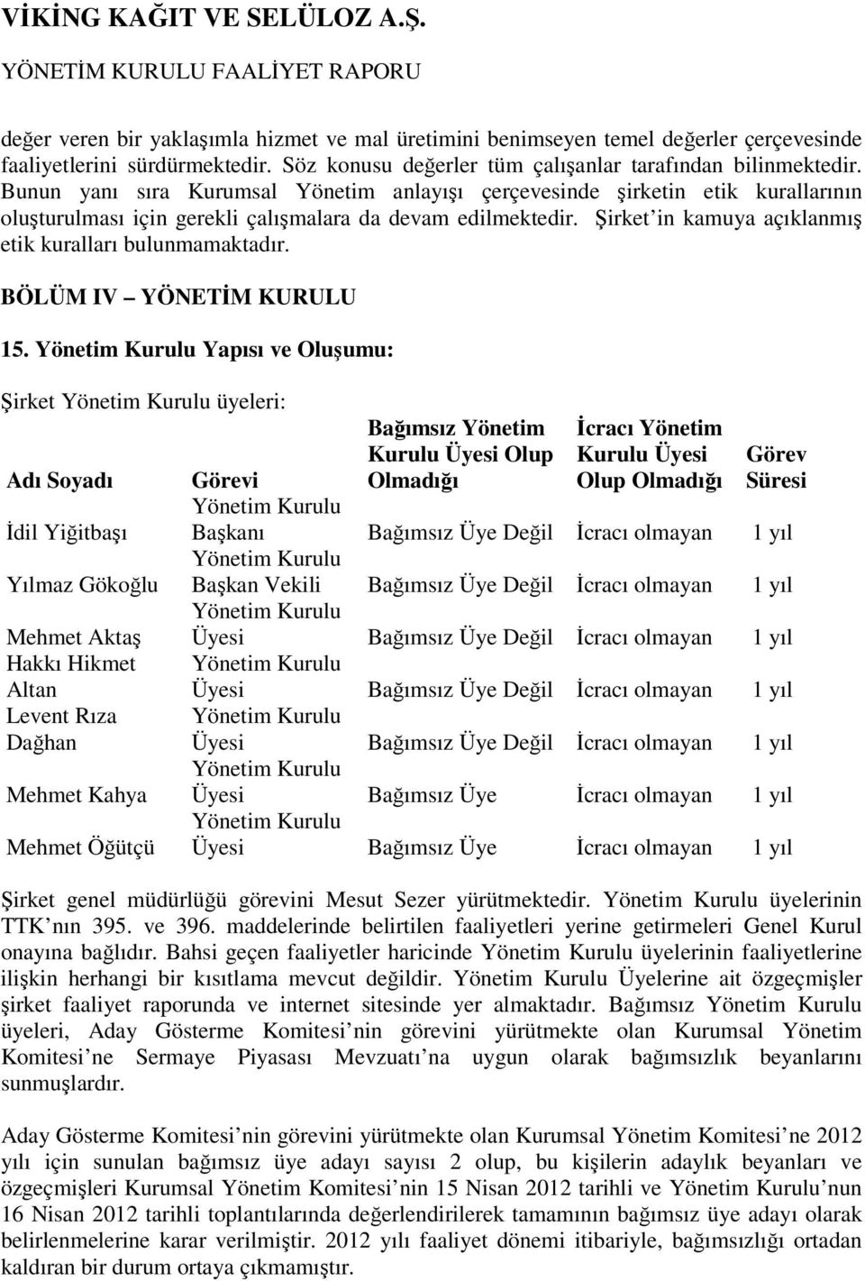 Şirket in kamuya açıklanmış etik kuralları bulunmamaktadır. BÖLÜM IV YÖNETİM KURULU 15.