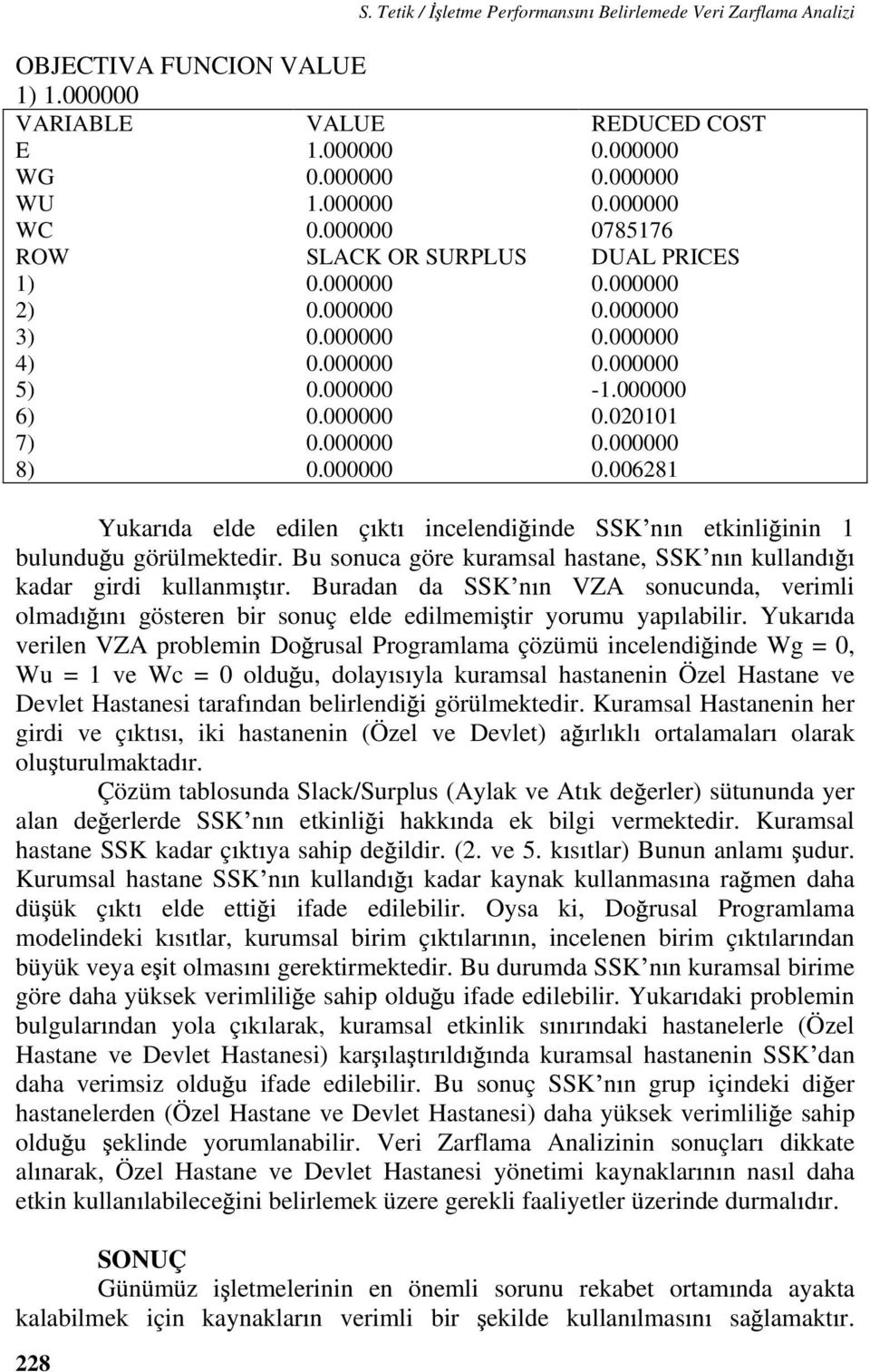 006281 Yukar da elde edilen ç kt incelendi inde SSK n n etkinli inin 1 bulundu u görülmektedir. Bu sonuca göre kuramsal hastane, SSK n n kulland kadar girdi kullanm t r.