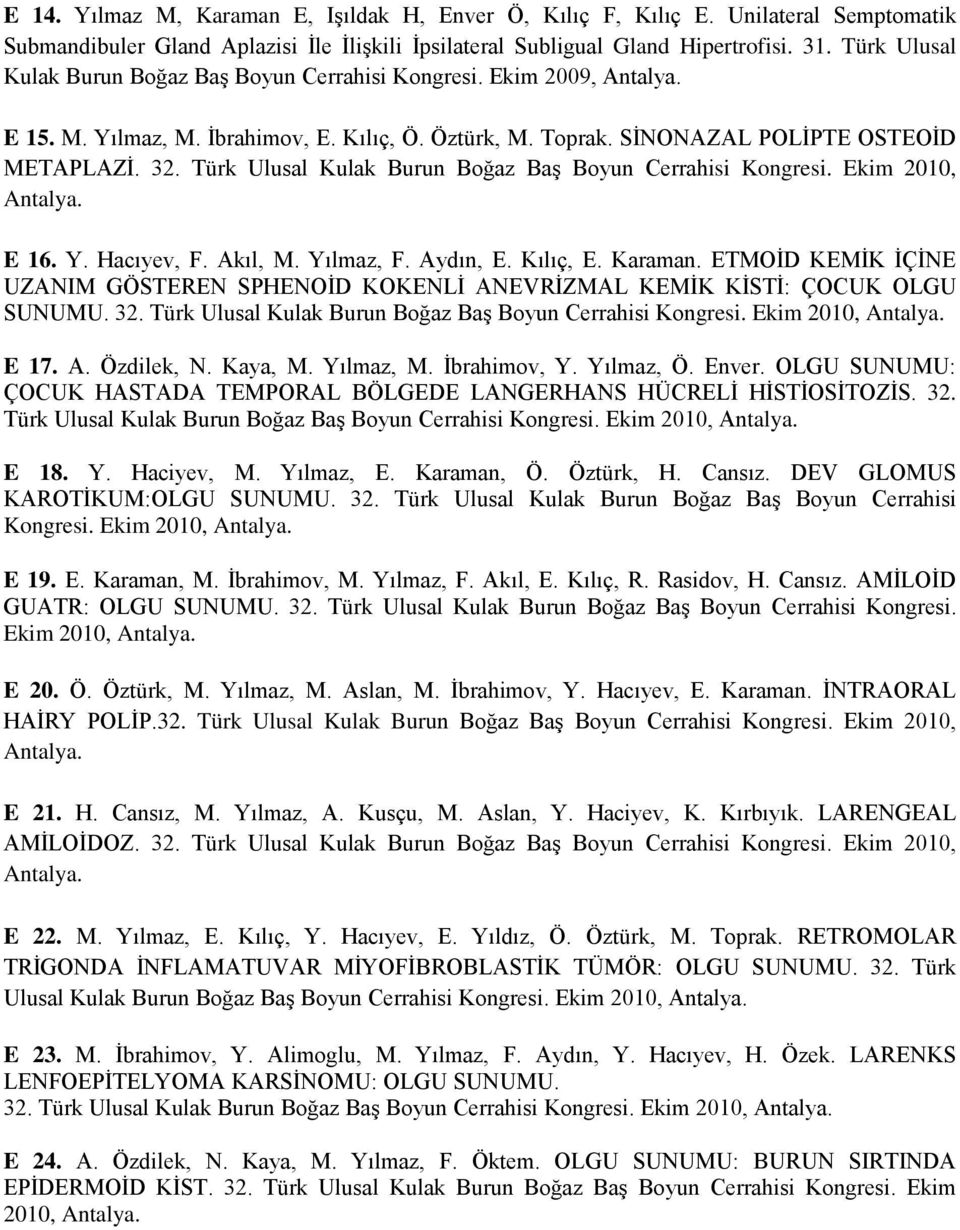 Türk Ulusal Kulak Burun Boğaz Baş Boyun Cerrahisi Kongresi. Ekim 2010, Antalya. E 16. Y. Hacıyev, F. Akıl, M. Yılmaz, F. Aydın, E. Kılıç, E. Karaman.