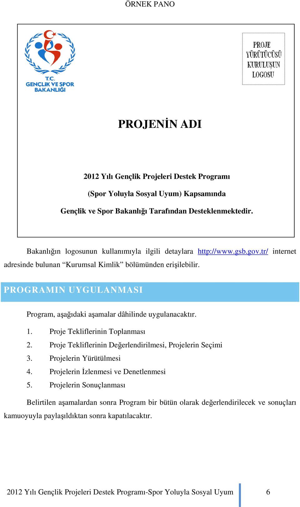 PROGRAMIN UYGULANMASI Program, aşağıdaki aşamalar dâhilinde uygulanacaktır. 1. Proje Tekliflerinin Toplanması 2. Proje Tekliflerinin Değerlendirilmesi, Projelerin Seçimi 3.