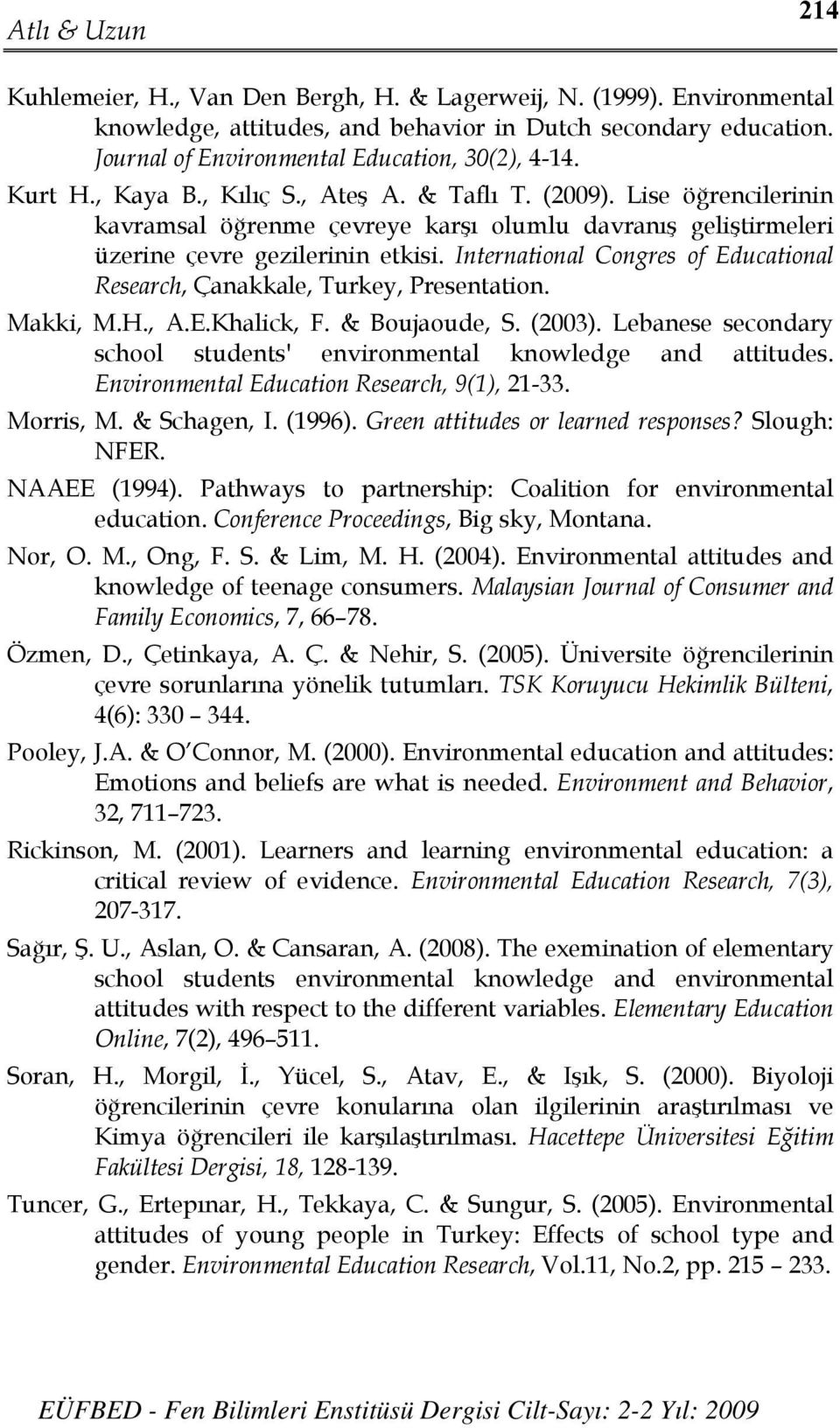 International Congres of Educational Research, Çanakkale, Turkey, Presentation. Makki, M.H., A.E.Khalick, F. & Boujaoude, S. (2003).