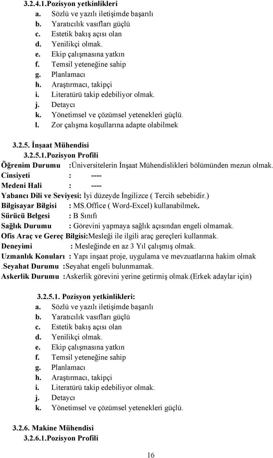 Zor çalışma koşullarına adapte olabilmek 3.2.5. İnşaat Mühendisi 3.2.5.1.Pozisyon Profili Öğrenim Durumu :Üniversitelerin İnşaat Mühendislikleri bölümünden mezun olmak.