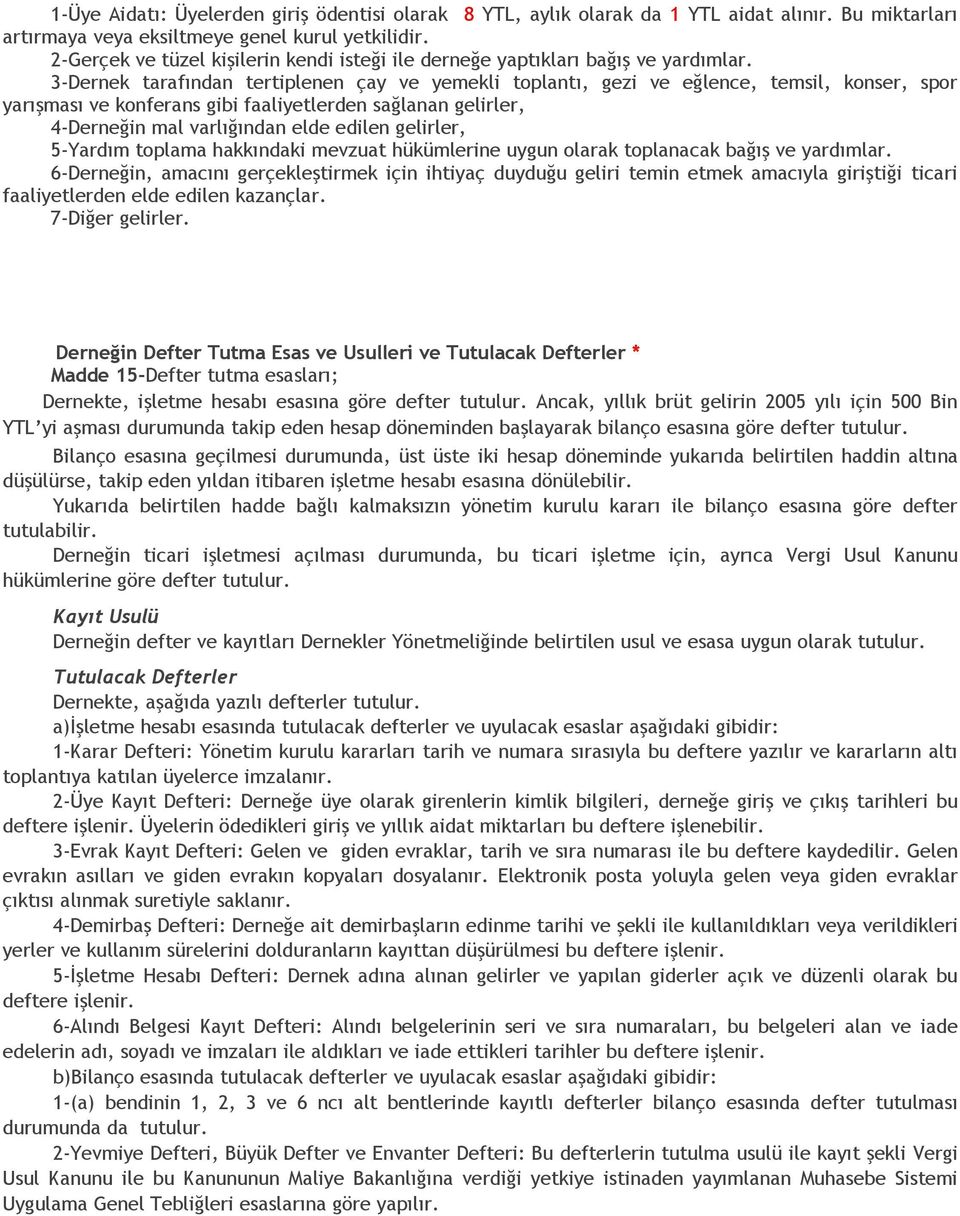 3-Dernek tarafından tertiplenen çay ve yemekli toplantı, gezi ve eğlence, temsil, konser, spor yarışması ve konferans gibi faaliyetlerden sağlanan gelirler, 4-Derneğin mal varlığından elde edilen