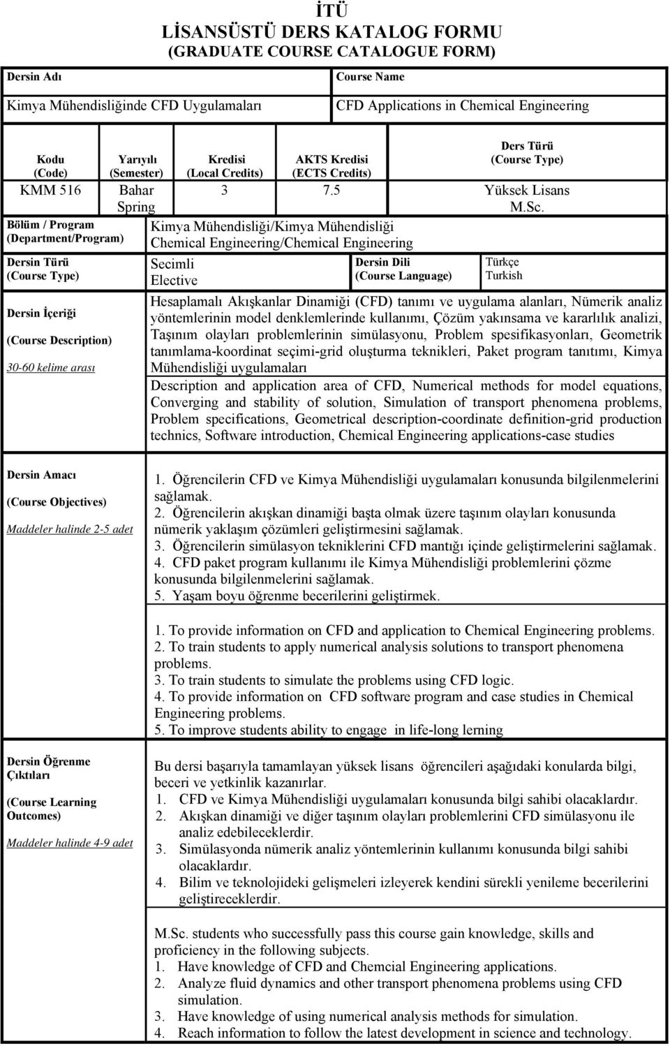 5 Yüksek Lisans Kredisi (Local Credits) Kimya Mühendisliği/Kimya Mühendisliği Chemical Engineering/Chemical Engineering Secimli Elective Dersin Dili (Course Language) Ders Türü (Course Type) Türkçe