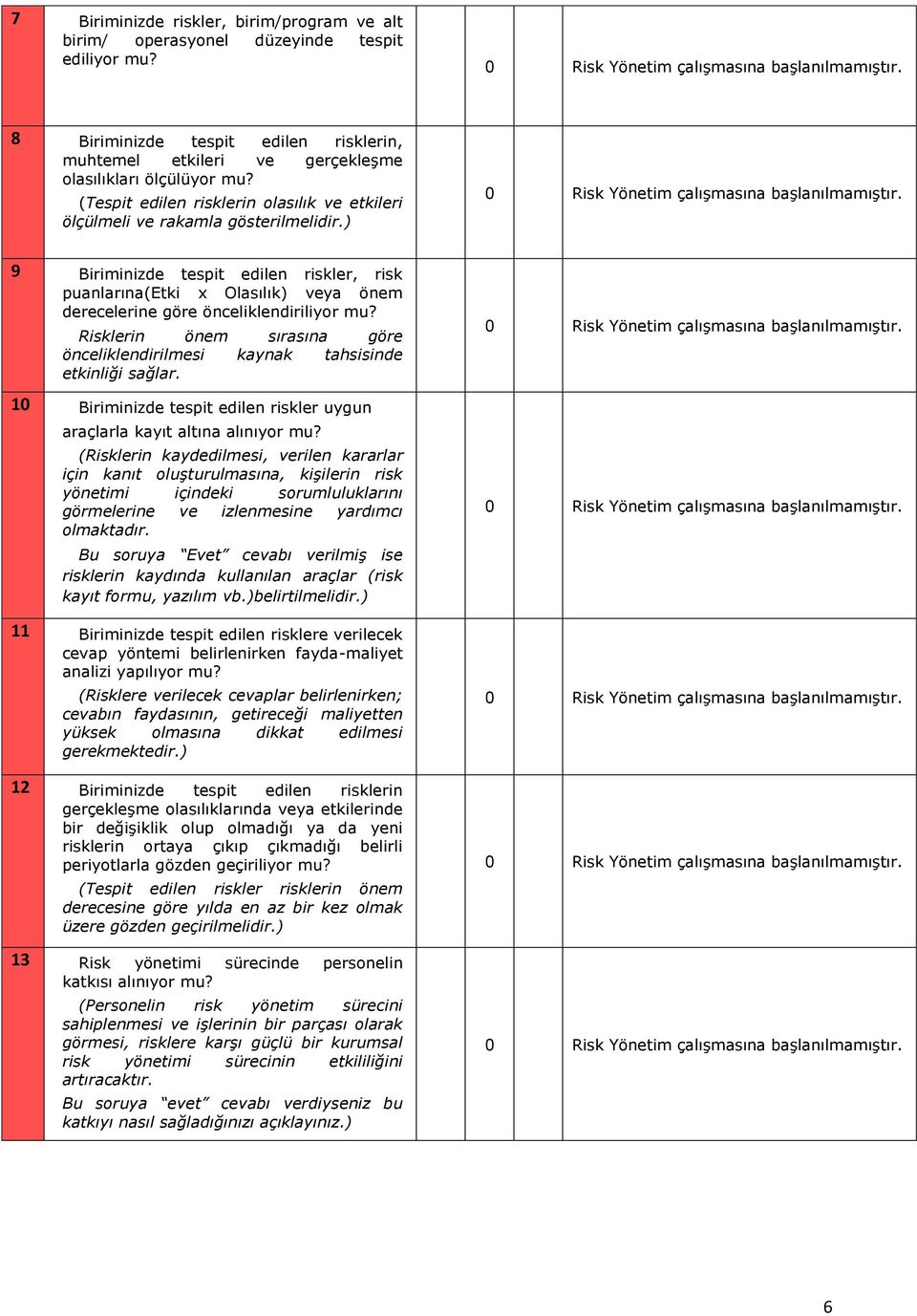 ) Risk Yönetim çalışmasına başlanılmamıştır.