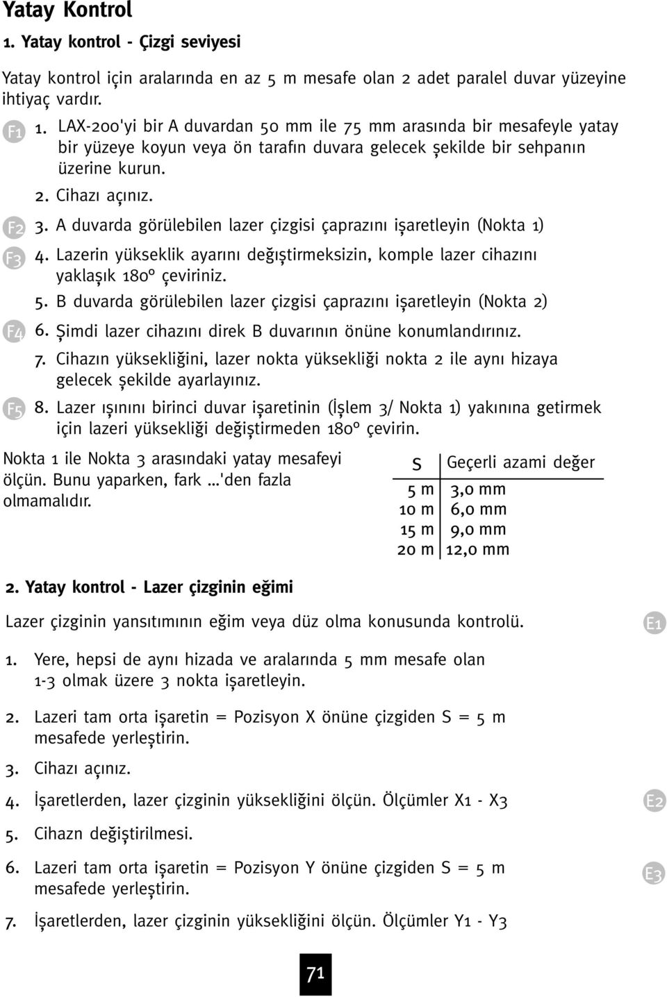 A duvarda görülebilen lazer çizgisi çapraz n iƒaretleyin (Nokta 1) F3 4. Lazerin yükseklik ayar n deª ƒtirmeksizin, komple lazer cihaz n yaklaƒ k 180 æeviriniz. 5.